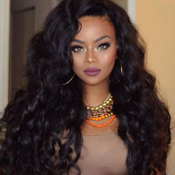 Breathable Natural Black Long Durable Natural Wave 360 Lace Frontal Wigs Pre-Plucked
