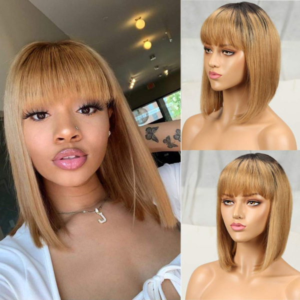 Look Natural Blonde Bob Wig With Bangs Pre-Plucked Bob Human Hair And Brazilian Medium Straight Wig 4x4 Lace Frontal Wigs For Women