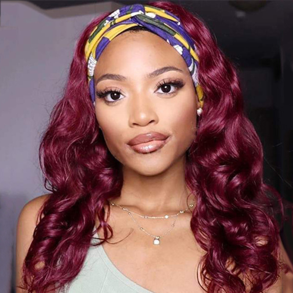 Colored Human Hair Headband Wigs Peruvian Body Wave Remy Hair Red Easy Wigs 