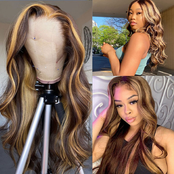 Invisible Top HD Lace Body Wave Lace Front Human Hair Pre Plucked Honey Blonde Highlight Mix Brown 13*4 Lace Wigs