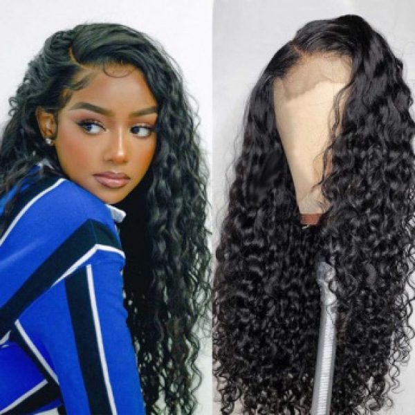 Natural Black Brazilian Human Hair Water Wave Wigs Glueless Natural Hairline 4x4 Lace Front Wig  Pre-Plucked