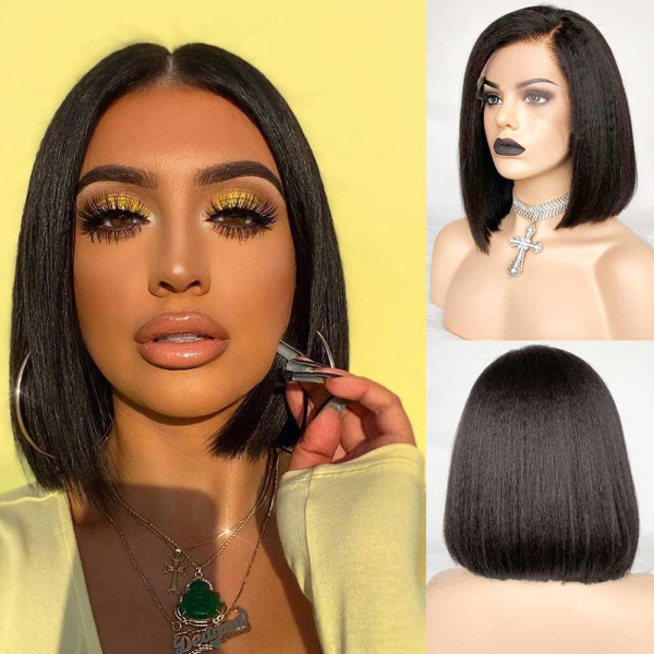 13x4 Lace Front Wig Glueless 150% Density Human Hair Yaki Bob Wigs Wigs Pre-Plucked Top HD Lace